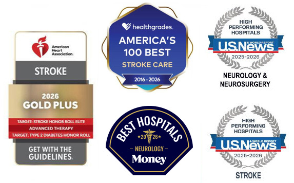 American Heart Association Get With The Guidelines Gold Plus — Target: Stroke Honor Roll Elite; Healthgrades America’s 100 Best Stroke Care 2016–2024; U.S. News & World Report High Performing Hospitals 2023–2024 *Neurology & Neurosurgery; Stroke)