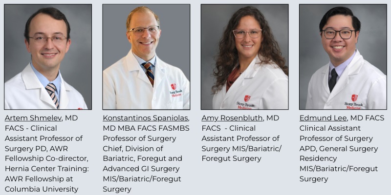 Four faculty members of the Abdominal Wall Reconstruction Fellowship shown in head-and-shoulders portraits with printed names and titles beneath each
