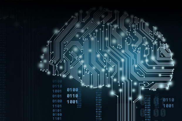 Digital illustration of a brain-shaped circuit board with glowing nodes and binary code in the background, symbolizing artificial intelligence and technology