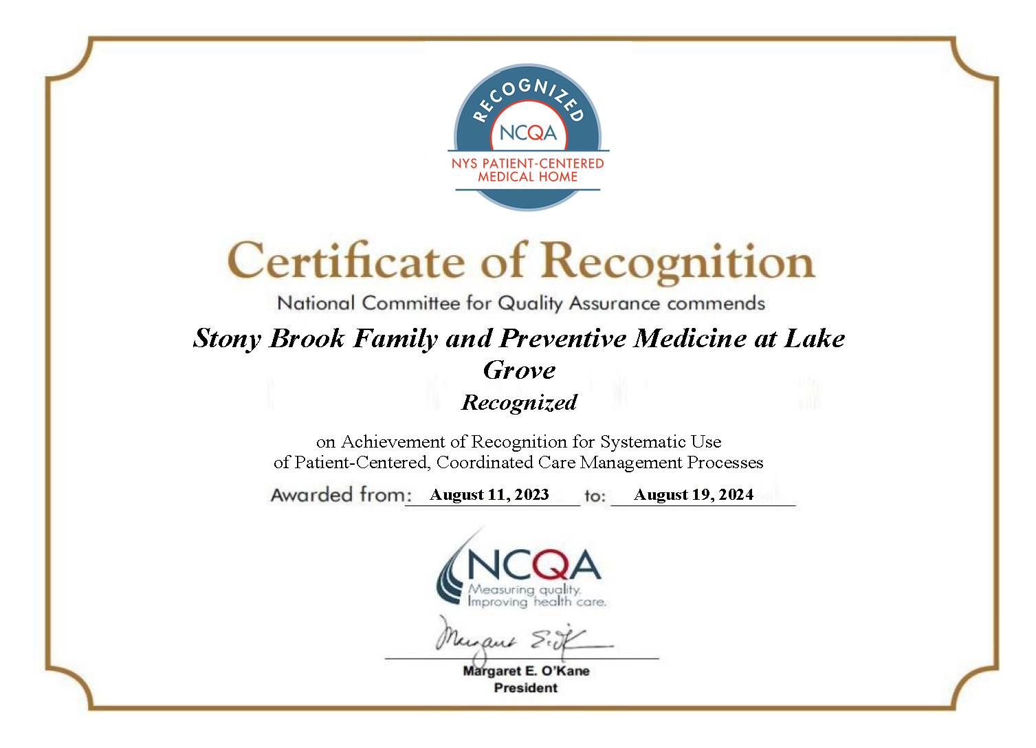 Stony Brook Family and Preventive Medicine at Lake Grove Recognized 2023-2024 certificate