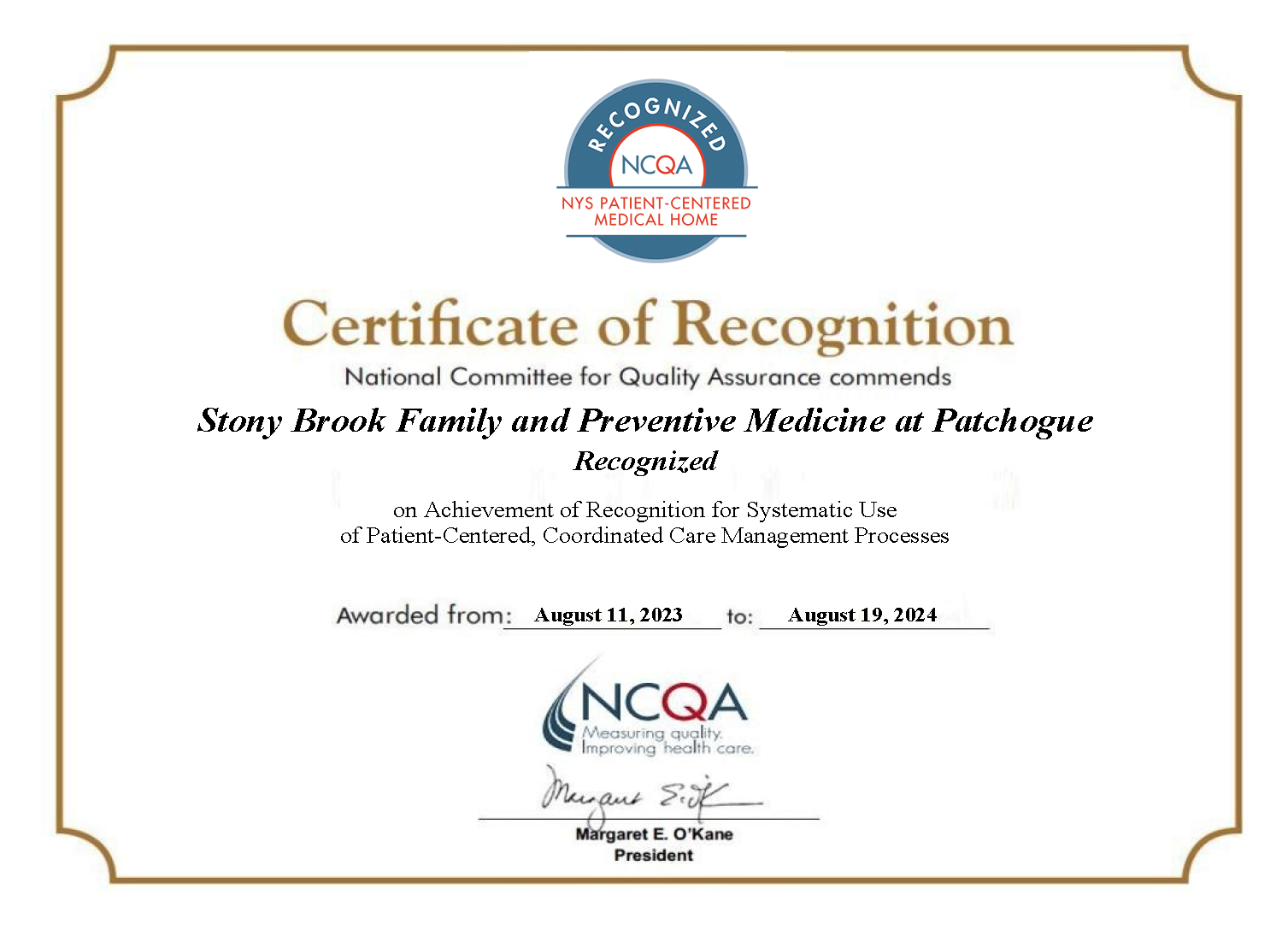 Stony Brook Family and Preventive Medicine at Patchogue Recognized 2023-2024 certificate